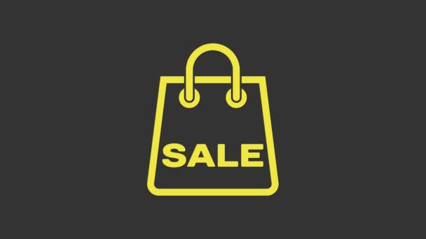 Bolsa de compras amarilla con una inscripción Icono de venta aislado sobre fondo gris. Señal de bolso. Icono de bolsa de mujer. Señal de bolso femenino. Animación gráfica de vídeo 4K — Vídeos de Stock