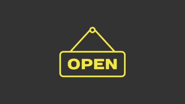 Sinal de suspensão amarelo com texto Ícone de porta aberta isolado no fundo cinza. Animação gráfica em movimento de vídeo 4K — Vídeo de Stock