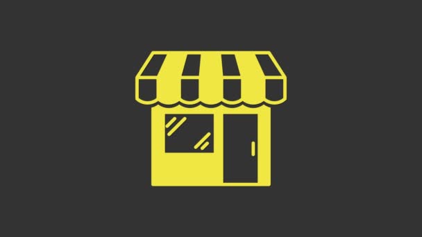 Edificio Yellow Shopping o icono de la tienda de mercado aislado sobre fondo gris. Construcción de tiendas. Animación gráfica de vídeo 4K — Vídeo de stock