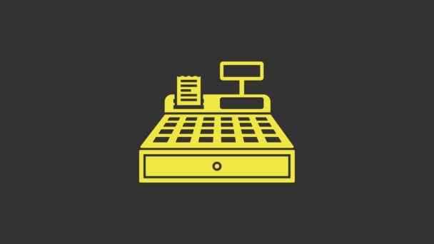Macchina registratore di cassa gialla con un'icona di controllo isolata su sfondo grigio. Firma della cassiera. Simbolo del cruscotto. Animazione grafica 4K Video motion — Video Stock