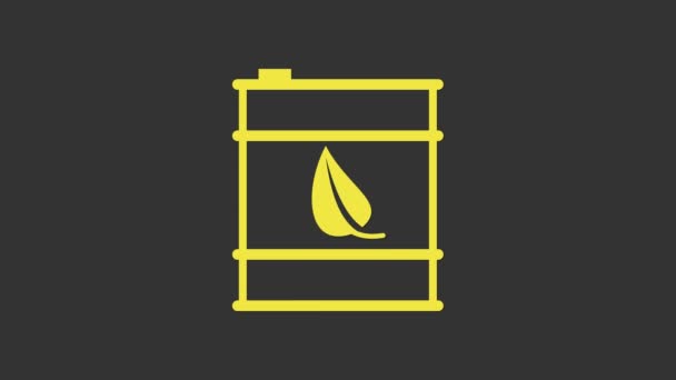 Žlutá Bio palivová hlaveň ikona izolované na šedém pozadí. Eco bio a kanystr. Zelené prostředí a recyklace. Grafická animace pohybu videa 4K — Stock video