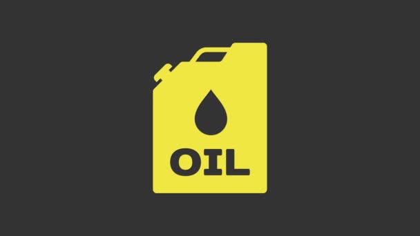 Žlutá Plastová nádoba na motorový olej ikona izolované na šedém pozadí. Olejový galon. Služba výměny oleje a opravy. Značka motorového oleje. Grafická animace pohybu videa 4K — Stock video