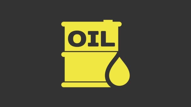 Ikona žlutého sudu oleje izolovaná na šedém pozadí. Kontejner s olejem. Pro infografiku, palivo, průmysl, energetiku, ekologii. Grafická animace pohybu videa 4K — Stock video