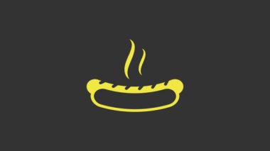 Gri arkaplanda hardal simgesi olan sarı Hotdog sandviçi. Sosis ikonu. Fast food burcu. 4K Video hareketli grafik canlandırması