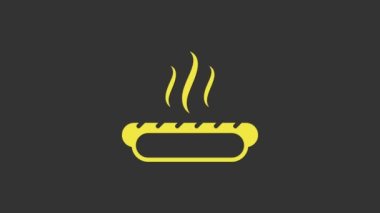 Gri arkaplanda hardal simgesi olan sarı Hotdog sandviçi. Sosis ikonu. Fast food burcu. 4K Video hareketli grafik canlandırması