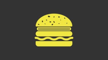 Sarı Burger simgesi gri arkaplanda izole edildi. Hamburger ikonu. Çizburger sandviç tabelası. 4K Video hareketli grafik canlandırması