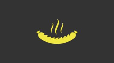 Gri arka planda izole edilmiş buhar ikonlu sarı sosis. Izgara sosis ve aroma işareti. 4K Video hareketli grafik canlandırması