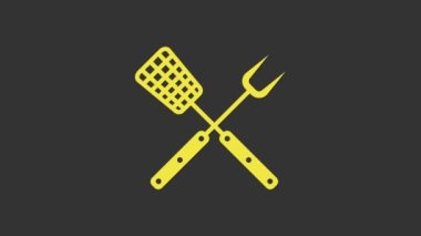 Sarı Çapraz Çatal ve gri arkaplanda izole edilmiş spatula simgesi. Mangal çatalı ve spatula işareti. Barbekü ve ızgara aletleri. 4K Video hareketli grafik canlandırması