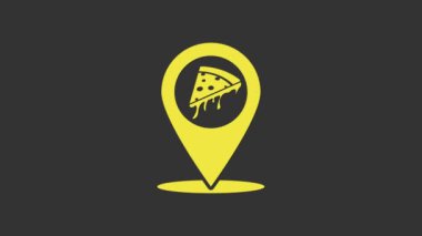 Fast food dilimli sarı harita işaretleyici gri arka planda izole edilmiş pizza ikonu. Pizzacı konumu simgesi. Pizza kafe ve restoran tabelası. 4K Video hareketli grafik canlandırması