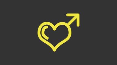 Sarı erkek cinsiyet sembolü ve kalp simgesi gri arkaplanda izole edilmiş. 4K Video hareketli grafik canlandırması