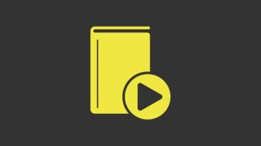Sarı Ses kitabı simgesi gri arkaplanda izole edildi. Oynat ve kaydet. Ses rehberi işareti. Çevrimiçi öğrenme kavramı. 4K Video hareketli grafik canlandırması