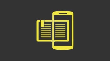 Sarı Akıllı Telefon ve kitap simgesi gri arkaplanda izole edildi. Çevrimiçi öğrenme ya da e-öğrenme kavramı. 4K Video hareketli grafik canlandırması