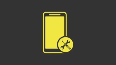 Gri arkaplanda sarı akıllı telefon, tornavida ve anahtar simgesi var. Ayarlama, servis, ayar, bakım, onarım, onarım. 4K Video hareketli grafik canlandırması