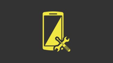 Gri arkaplanda sarı akıllı telefon, tornavida ve anahtar simgesi var. Ayarlama, servis, ayar, bakım, onarım, onarım. 4K Video hareketli grafik canlandırması