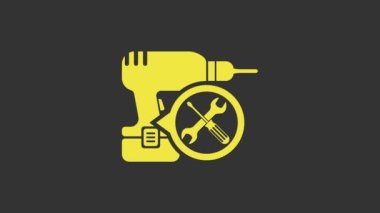 Sarı matkap makinesi, gri arka planda izole edilmiş tornavida ve anahtar ikonu. Ayarlama, servis, ayar, bakım, onarım, onarım. 4K Video hareketli grafik canlandırması