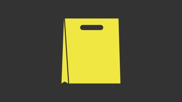 ไอคอนถุงช้อปปิ้งกระดาษสีเหลืองแยกจากพื้นหลังสีเทา ป้ายบรรจุภัณฑ์ 4K แอนิเมชั่นภาพเคลื่อนไหววิดีโอ — วีดีโอสต็อก
