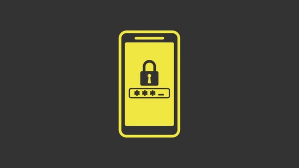 Giallo Icona di protezione cellulare e password isolata su sfondo grigio. Sicurezza, accesso personale, autorizzazione utente, privacy. Animazione grafica 4K Video motion — Video Stock