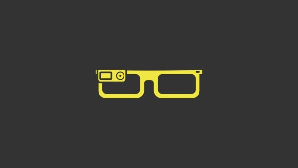 Amarelo Óculos inteligentes montados no ícone de óculos isolados no fundo cinza. Óculos inteligentes eletrônicos vestíveis com câmera e display. Animação gráfica em movimento de vídeo 4K — Vídeo de Stock