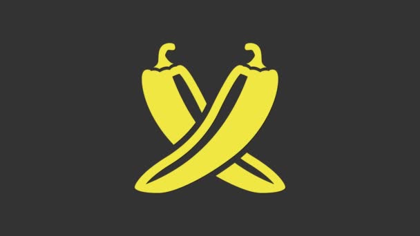 Жовтий хрестоподібний гарячий перець чилі значок кільця ізольовані на сірому фоні. Дизайн для продуктів харчування, кулінарних виробів, приправ та спецій. 4K Відео рух графічна анімація — стокове відео