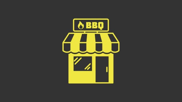 Gelbes Barbecue-Einkaufsgebäude oder Marktladen-Symbol isoliert auf grauem Hintergrund. Grillparty. Ladenbau. 4K Video Motion Grafik Animation — Stockvideo