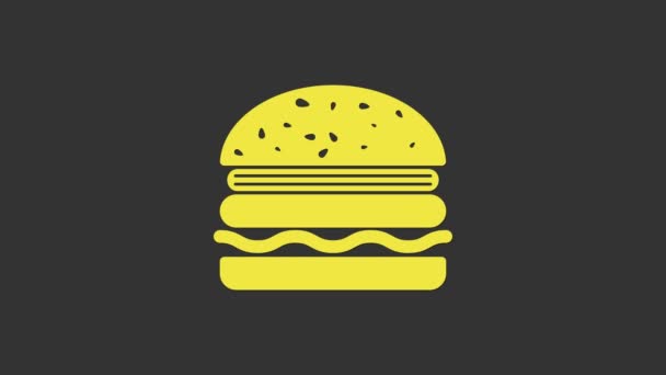 Yellow Burger icoon geïsoleerd op grijze achtergrond. Hamburger icoon. Cheeseburger sandwichbord. 4K Video motion grafische animatie — Stockvideo