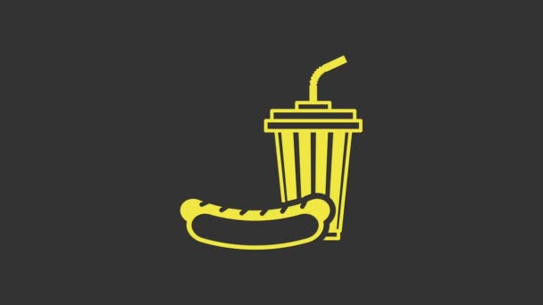 Icono amarillo de soda y perrito caliente aislado sobre fondo gris. Un símbolo de comida rápida. Animación gráfica de vídeo 4K — Vídeo de stock