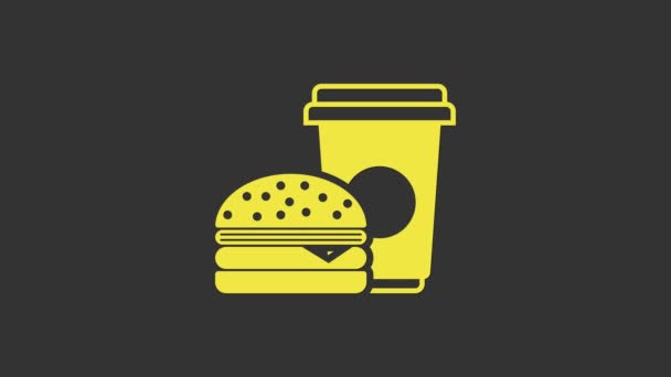 Żółta kawa i ikona hamburgera na szarym tle. Symbol fast foodów. 4K Animacja graficzna ruchu wideo — Wideo stockowe