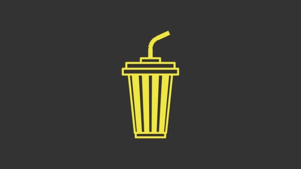 Vidro Amarelo com ícone de água isolado no fundo cinza. Copo de bebida com palha de bebida. Símbolo da bebida fresca fria. Animação gráfica em movimento de vídeo 4K — Vídeo de Stock