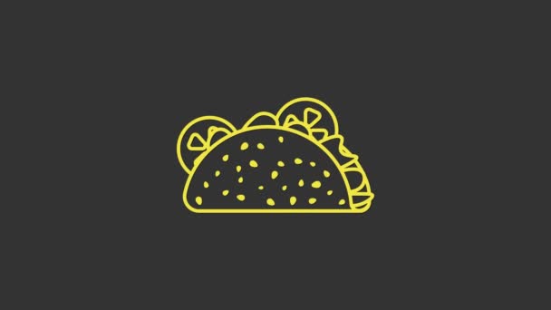 Taco amarillo con icono de tortilla aislado sobre fondo gris. Comida rápida mexicana tradicional. Animación gráfica de vídeo 4K — Vídeo de stock
