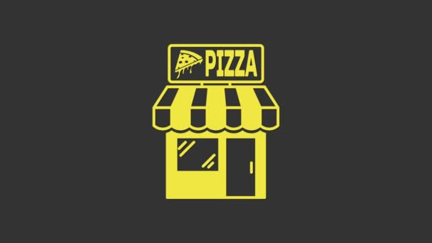 Icono de la fachada del edificio de la pizzería amarilla aislado sobre fondo gris. Quiosco de pizzería de comida rápida. Animación gráfica de vídeo 4K — Vídeo de stock