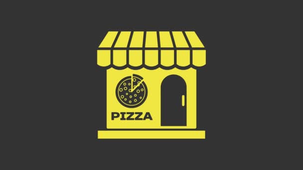 Icono de la fachada del edificio de la pizzería amarilla aislado sobre fondo gris. Quiosco de pizzería de comida rápida. Animación gráfica de vídeo 4K — Vídeo de stock
