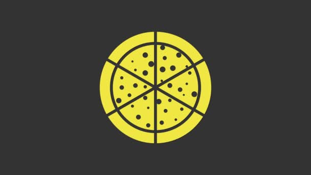 Ikona žluté pizzy izolovaná na šedém pozadí. Grafická animace pohybu videa 4K