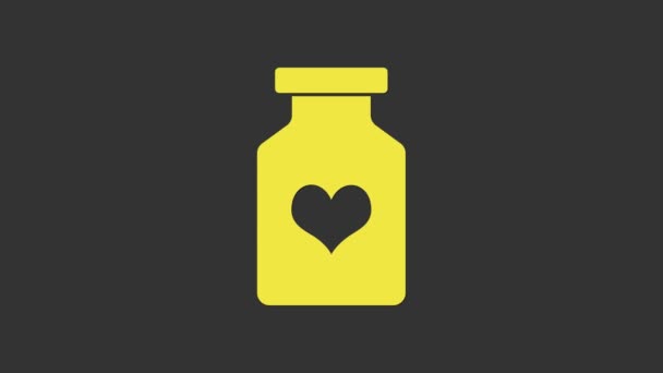 Желтая бутылка лекарства с таблетками для потенции, афродизиак значок изолирован на сером фоне. Секс таблетки для мужчин и женщин. Видеографическая анимация 4K — стоковое видео