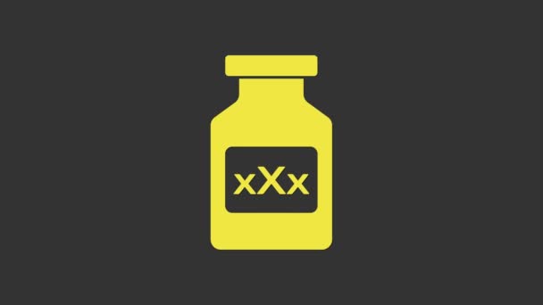 Sarı ilaç şişesi, etki için haplar, gri arka planda izole edilmiş afrodizyak ikonu. Erkekler ve kadınlar için seks hapları. 4K Video hareketli grafik canlandırması — Stok video