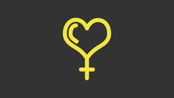 Geel Vrouwelijk gendersymbool en hartpictogram geïsoleerd op grijze achtergrond. Venus symbool. Het symbool voor een vrouwelijk organisme of vrouw. 4K Video motion grafische animatie — Stockvideo