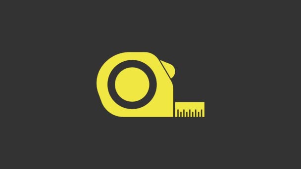 Stavební ikona žluté rulety izolovaná na šedém pozadí. Symbol míry pásky. Grafická animace pohybu videa 4K — Stock video