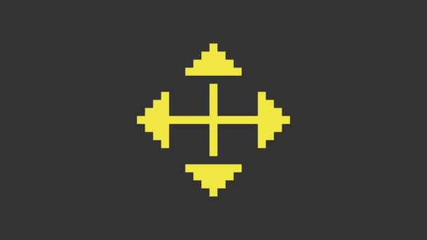 グレーの背景に隔離された4方向のアイコンに黄色のピクセル矢印。カーソルの動き標識。4Kビデオモーショングラフィックアニメーション — ストック動画