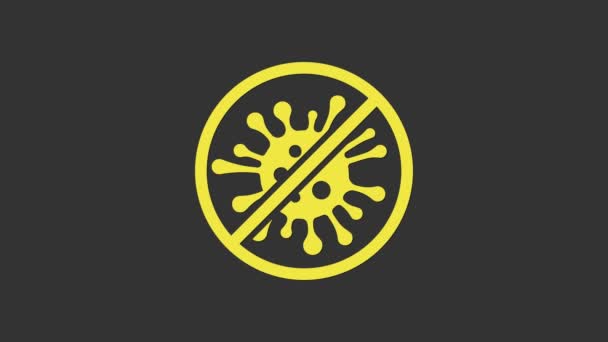 Keltainen Stop virus, bakteerit, bakteerit ja mikrobi ikoni eristetty harmaalla pohjalla. Antibakteerinen ja antiviraalinen puolustus, suojainfektio. 4K Video motion graafinen animaatio — kuvapankkivideo