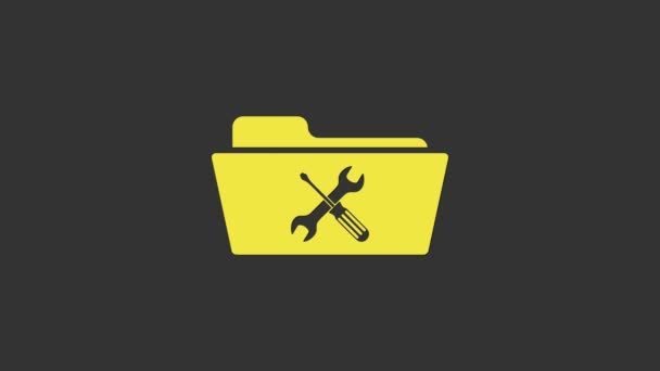 Yellow Folder with screwdriver and wrench icon isolated on grey background. Adjusting, service, setting, maintenance, repair, fixing. 4K Video motion graphic animation — Stock Video