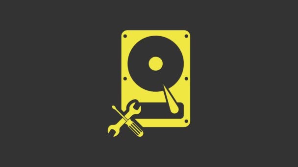 Yellow Hard disk drive with screwdriver and wrench icon isolated on grey background. Adjusting, service, setting, maintenance, repair, fixing. 4K Video motion graphic animation — Stock Video