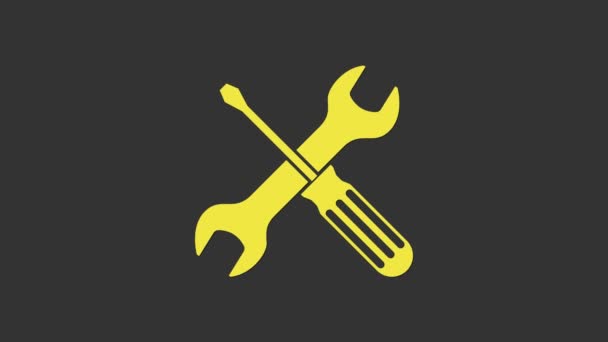 Chave de fenda cruzada amarela e ícone de ferramentas de chave de fenda isolado no fundo cinza. Símbolo da ferramenta de serviço. Animação gráfica em movimento de vídeo 4K — Vídeo de Stock
