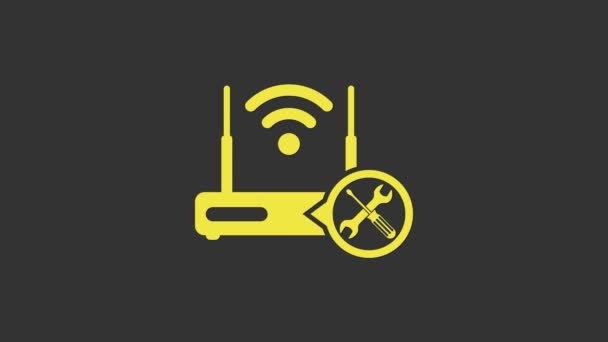 Roteador Amarelo wi-fi com chave de fenda e ícone de chave de fenda isolado no fundo cinza. Ajuste, serviço, configuração, manutenção, reparação, fixação. Animação gráfica em movimento de vídeo 4K — Vídeo de Stock