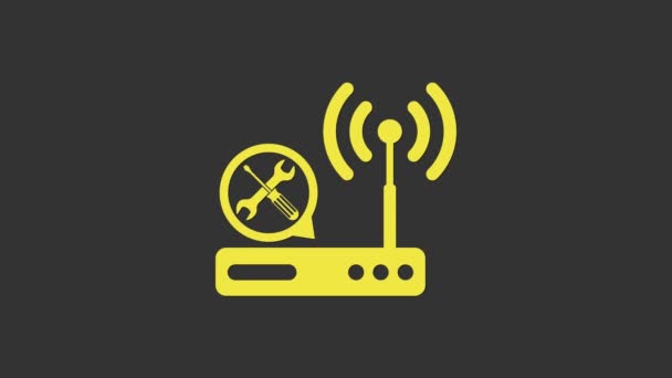 Yellow Router wi-fi with screwdriver and wrench icon isolated on grey background. Adjusting, service, setting, maintenance, repair, fixing. 4K Video motion graphic animation — Stock Video