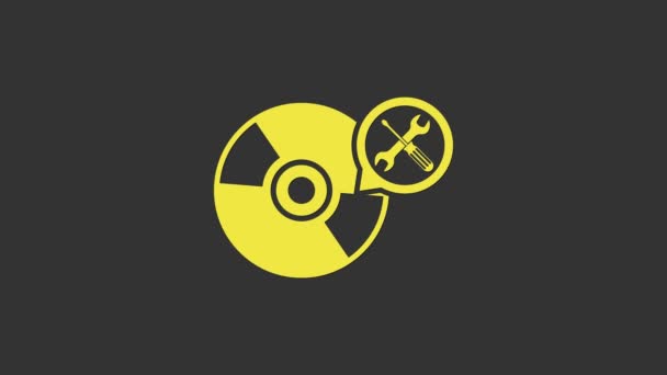 Yellow CD or DVD disk with screwdriver and wrench icon isolated on grey background. Adjusting, service, setting, maintenance, repair, fixing. 4K Video motion graphic animation — Stock Video
