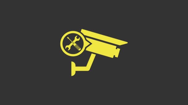 Yellow Security camera with screwdriver and wrench icon isolated on grey background. Adjusting, service, setting, maintenance, repair, fixing. 4K Video motion graphic animation — Stock Video