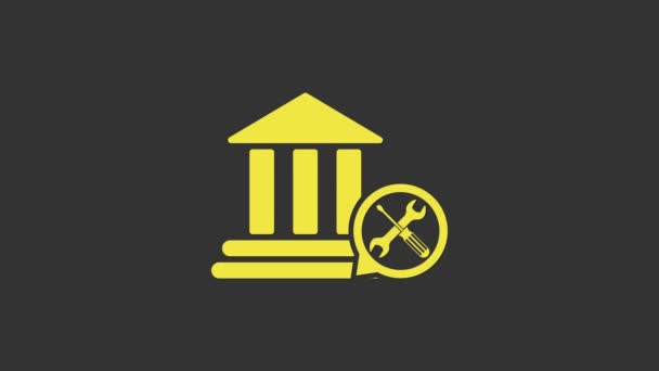Yellow Bank building with screwdriver and wrench icon isolated on grey background. Adjusting, service, setting, maintenance, repair, fixing. 4K Video motion graphic animation — Stock Video