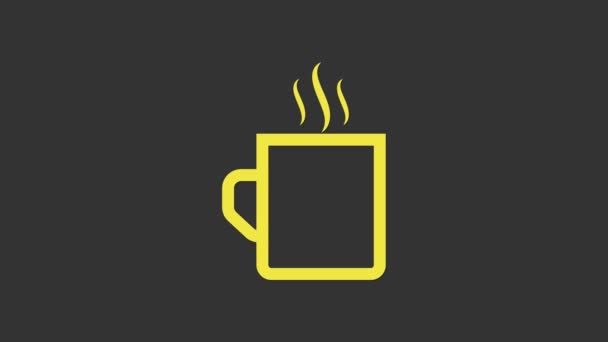 Icono de taza de café amarillo aislado sobre fondo gris. Taza de té. Café caliente. Animación gráfica de vídeo 4K — Vídeo de stock