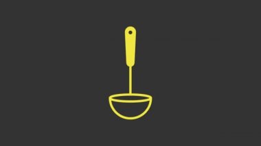 Sarı Mutfak Kepçesi simgesi gri arkaplanda izole edildi. Mutfak aletleri. Çatal kaşık tabelası. 4K Video hareketli grafik canlandırması