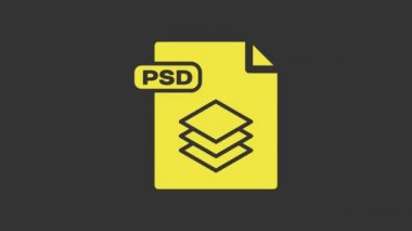 Sarı PSD dosya belgesi. Gri arkaplanda psd simgesi indir. PSD dosya sembolü. 4K Video hareketli grafik canlandırması