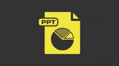 Sarı PPT dosya belgesi. Gri arkaplanda ppt düğmesi simgesi indir. PPT dosya sunumu. 4K Video hareketli grafik canlandırması